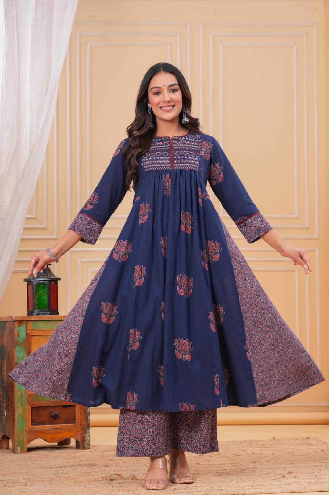 Blue Aura A Line Cotton Suit