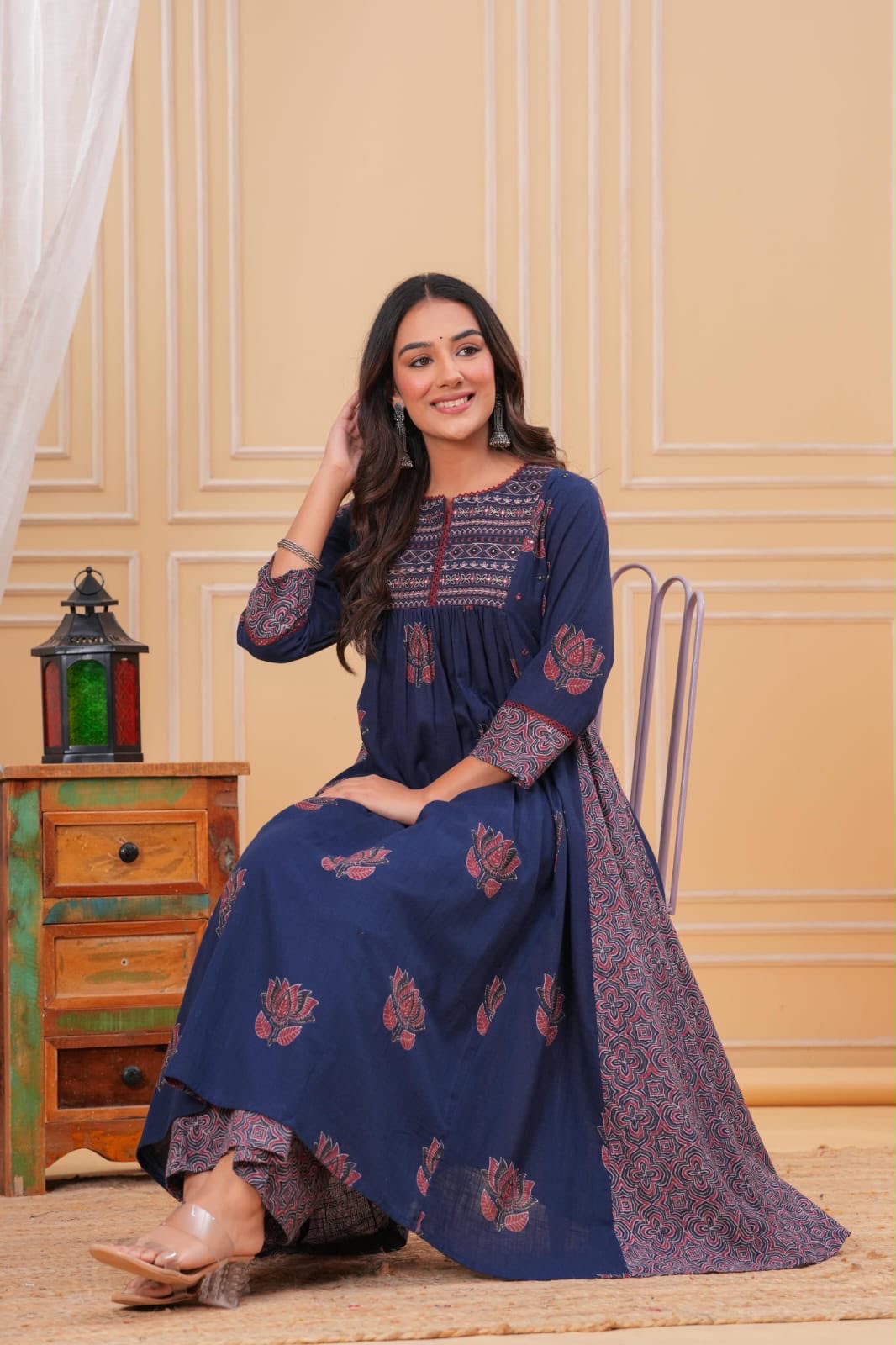 Blue Aura A Line Cotton Suit