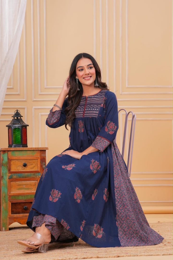Blue Aura A Line Cotton Suit