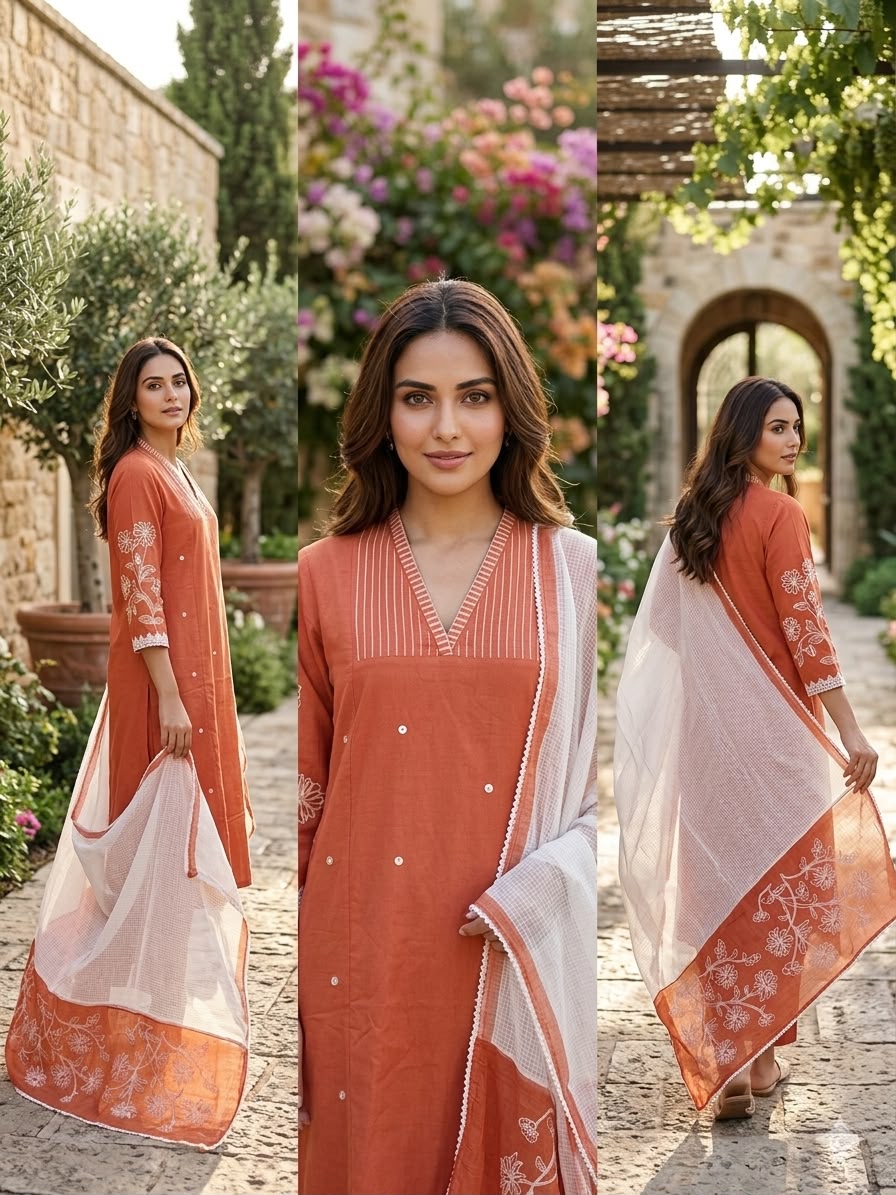 Rust Orange Handcrafted Suit Set with Kota Doria Dupatta