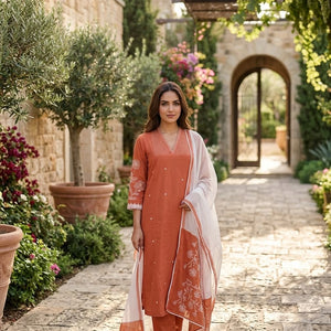 Rust Orange Handcrafted Suit Set with Kota Doria Dupatta