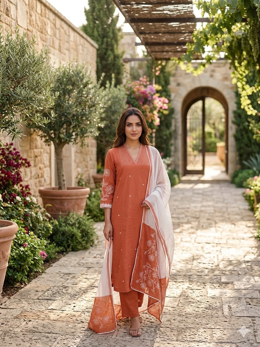 Rust Orange Handcrafted Suit Set with Kota Doria Dupatta