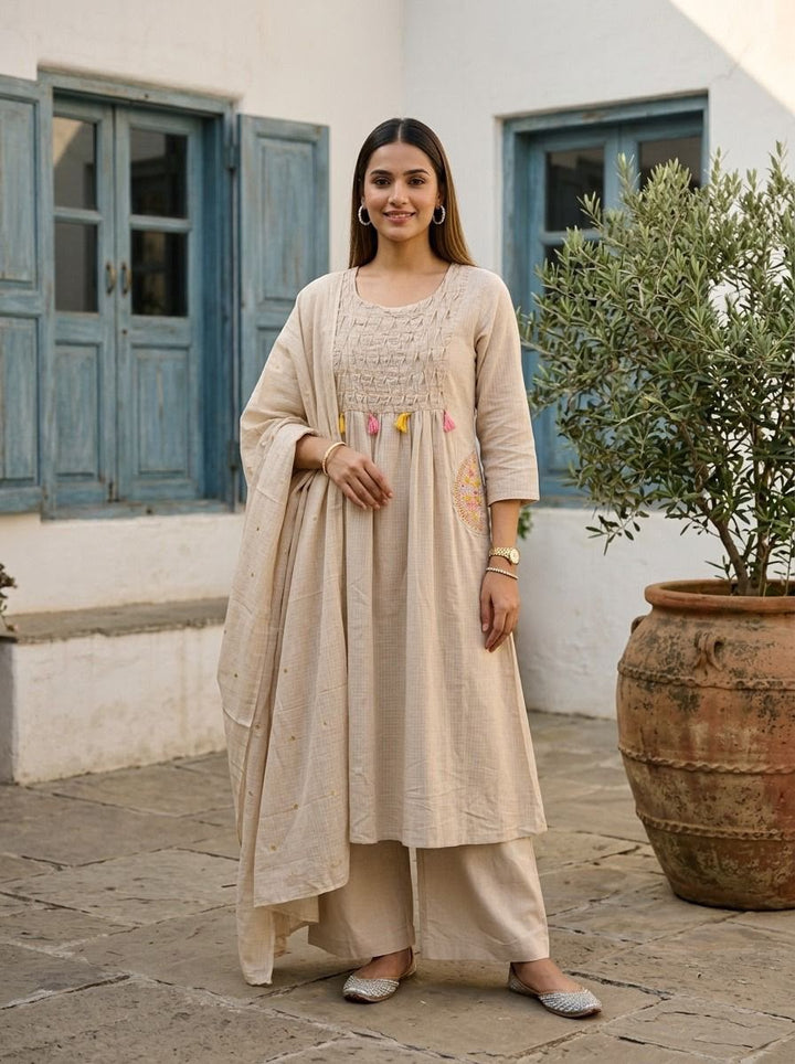 Kota Doria Aline With Pocket Embroidery