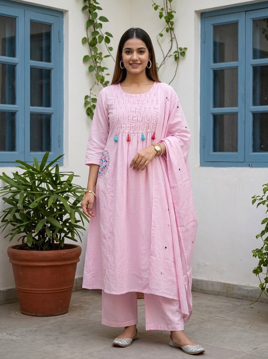 Kota Doria Aline With Pocket Embroidery