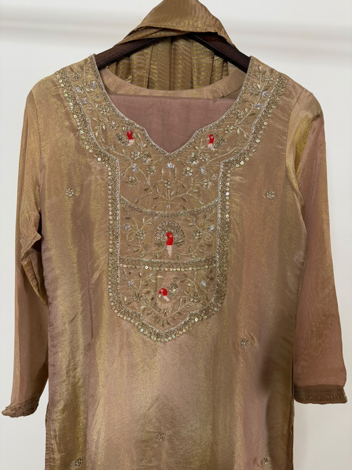 Champagne Gold Tissue Handwork 3-Piece Suit Set