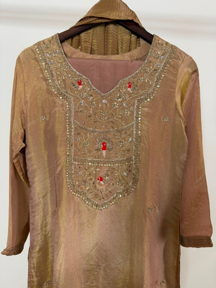 Champagne Gold Tissue Handwork 3-Piece Suit Set