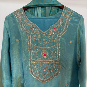 Aqua Blue Tissue Handwork 3-Piece Suit Set