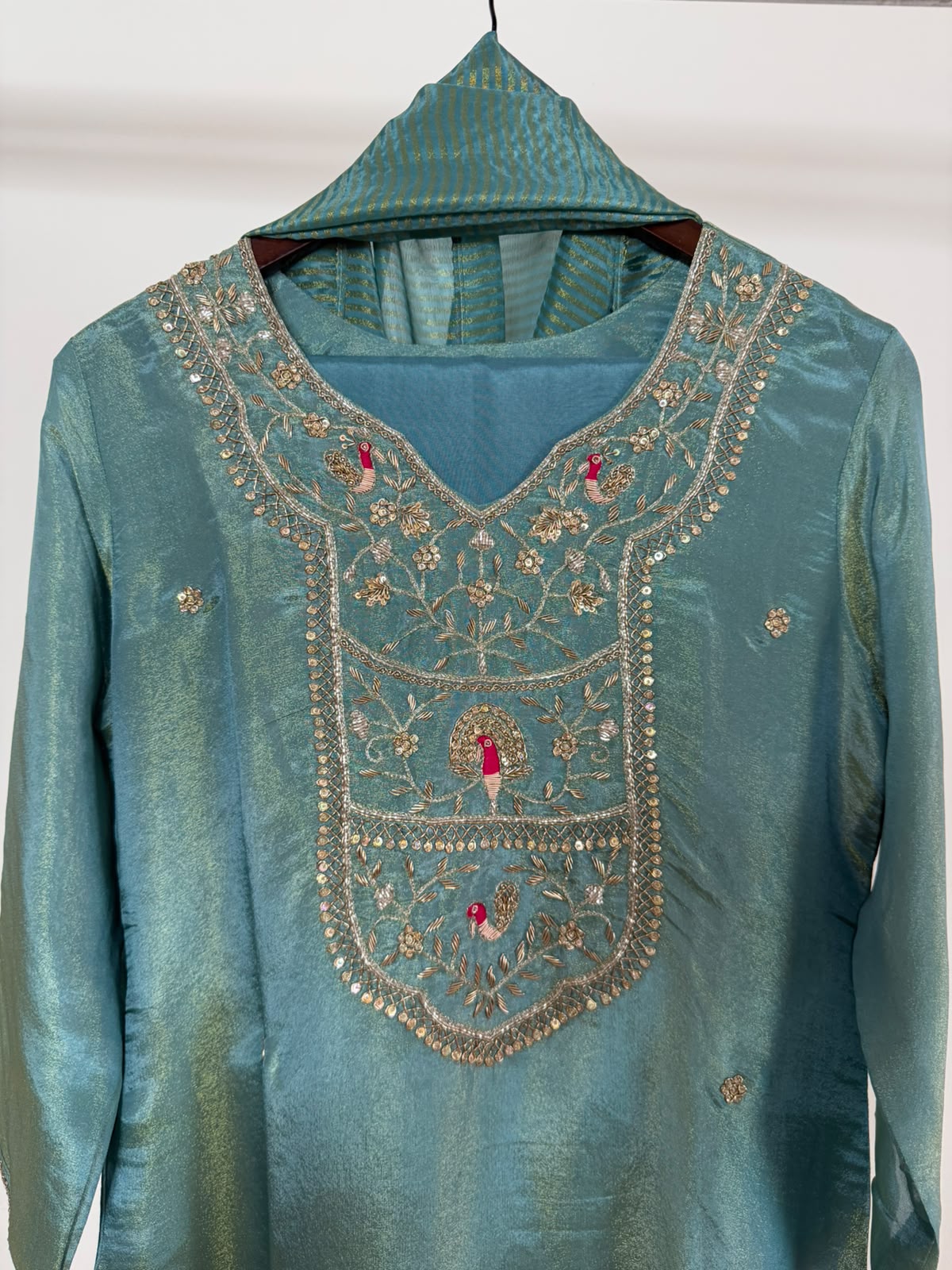 Aqua Blue Tissue Handwork 3-Piece Suit Set