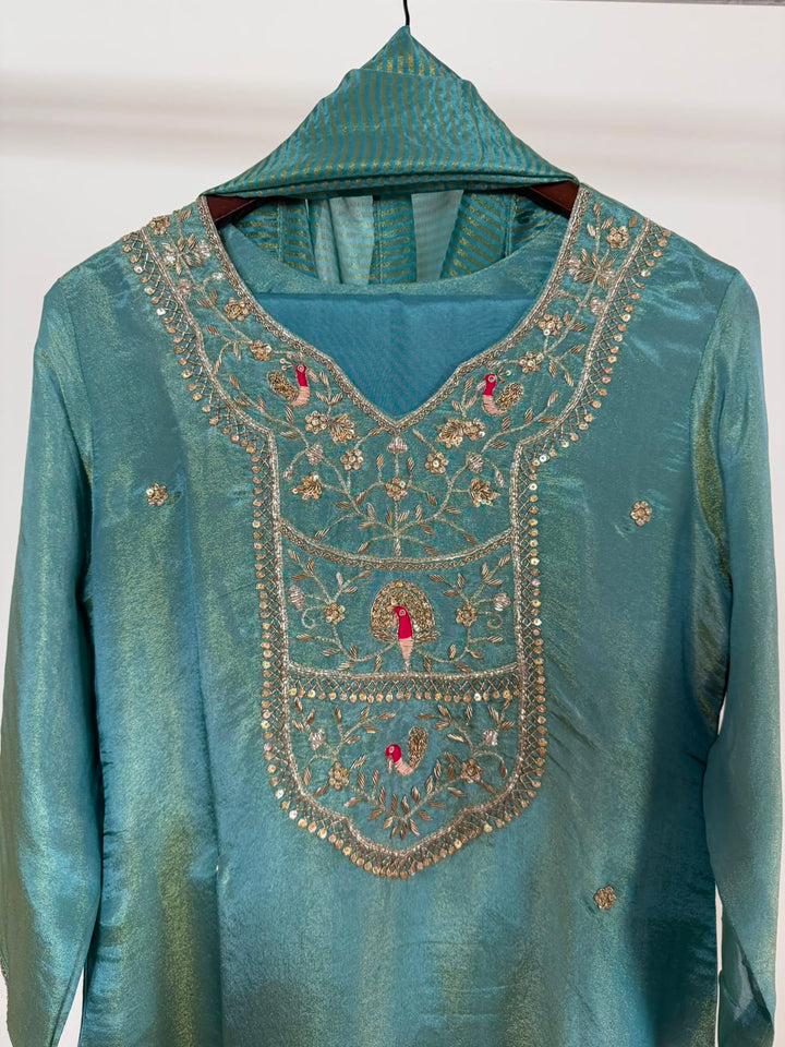 Aqua Blue Tissue Handwork 3-Piece Suit Set