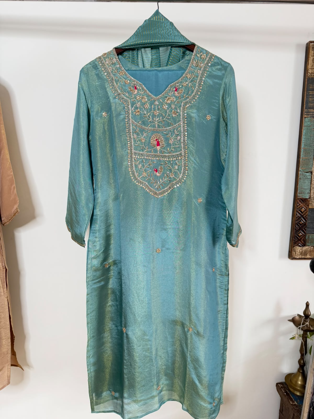 Aqua Blue Tissue Handwork 3-Piece Suit Set