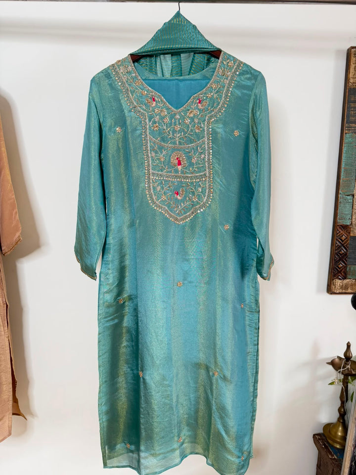 Aqua Blue Tissue Handwork 3-Piece Suit Set