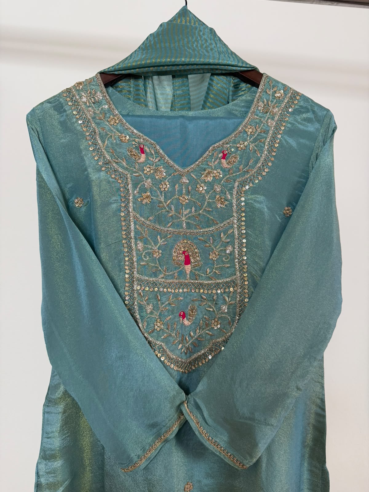 Aqua Blue Tissue Handwork 3-Piece Suit Set