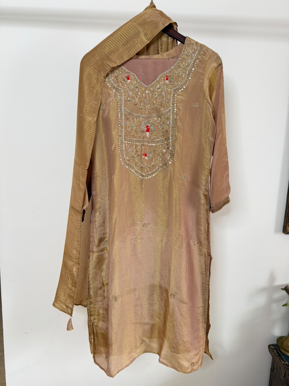 Champagne Gold Tissue Handwork 3-Piece Suit Set