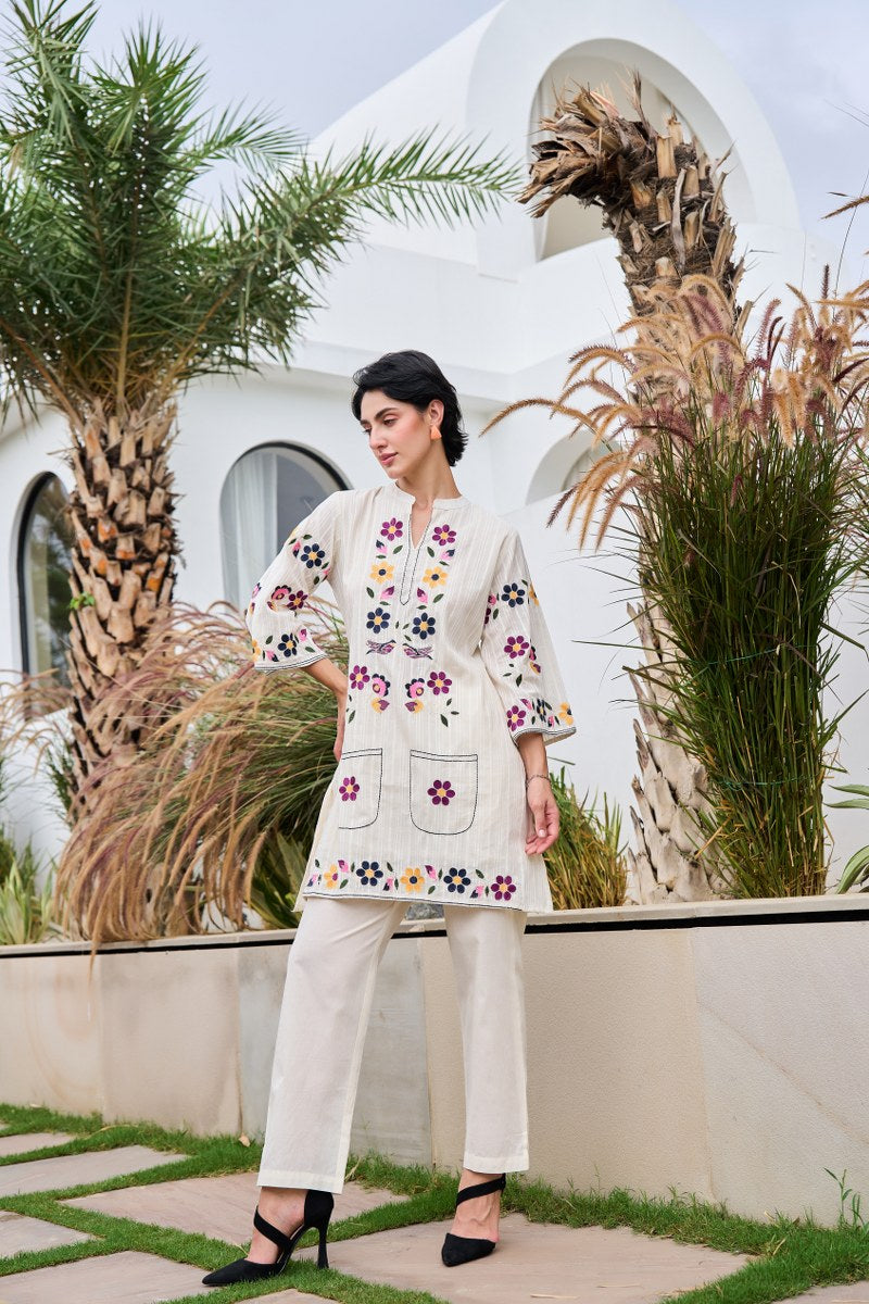 Floral White Cotton Kurta Set