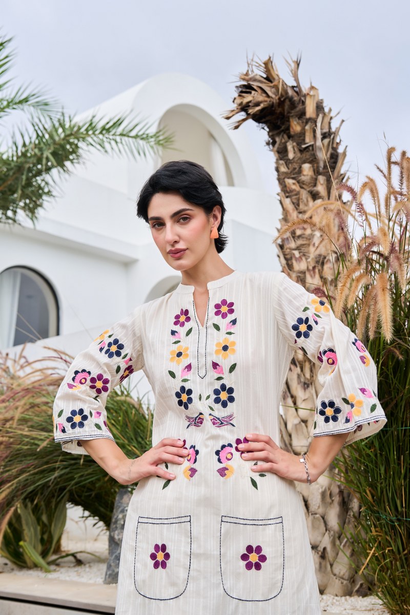 Floral White Cotton Kurta Set