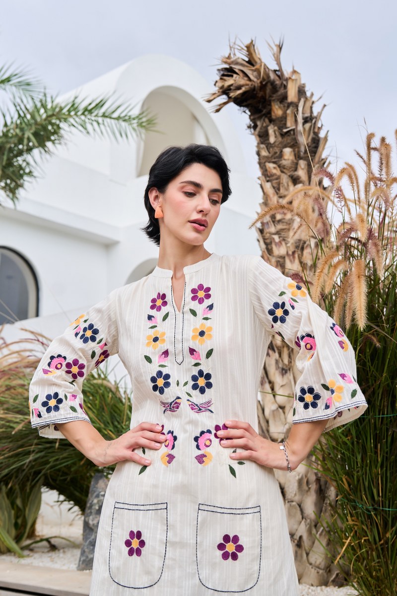 Floral White Cotton Kurta Set