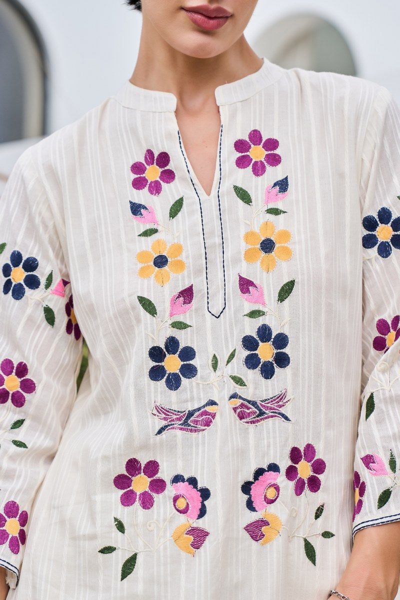 Floral White Cotton Kurta Set