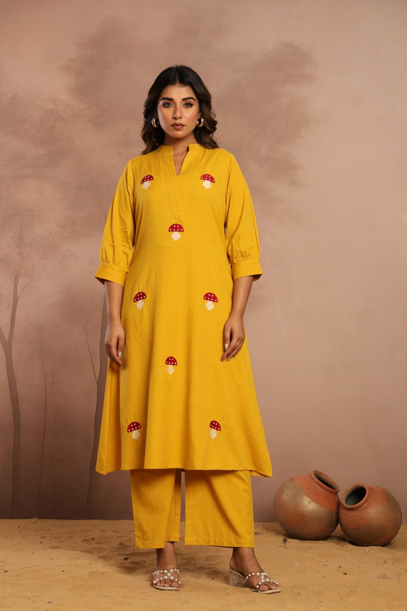 Mustard Yellow Printed Kurta Set