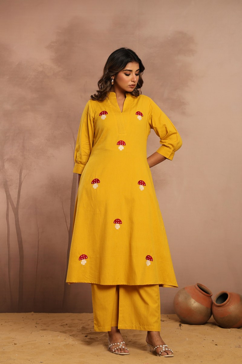 Mustard Yellow Printed Kurta Set