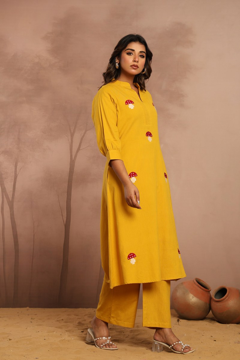 Mustard Yellow Printed Kurta Set