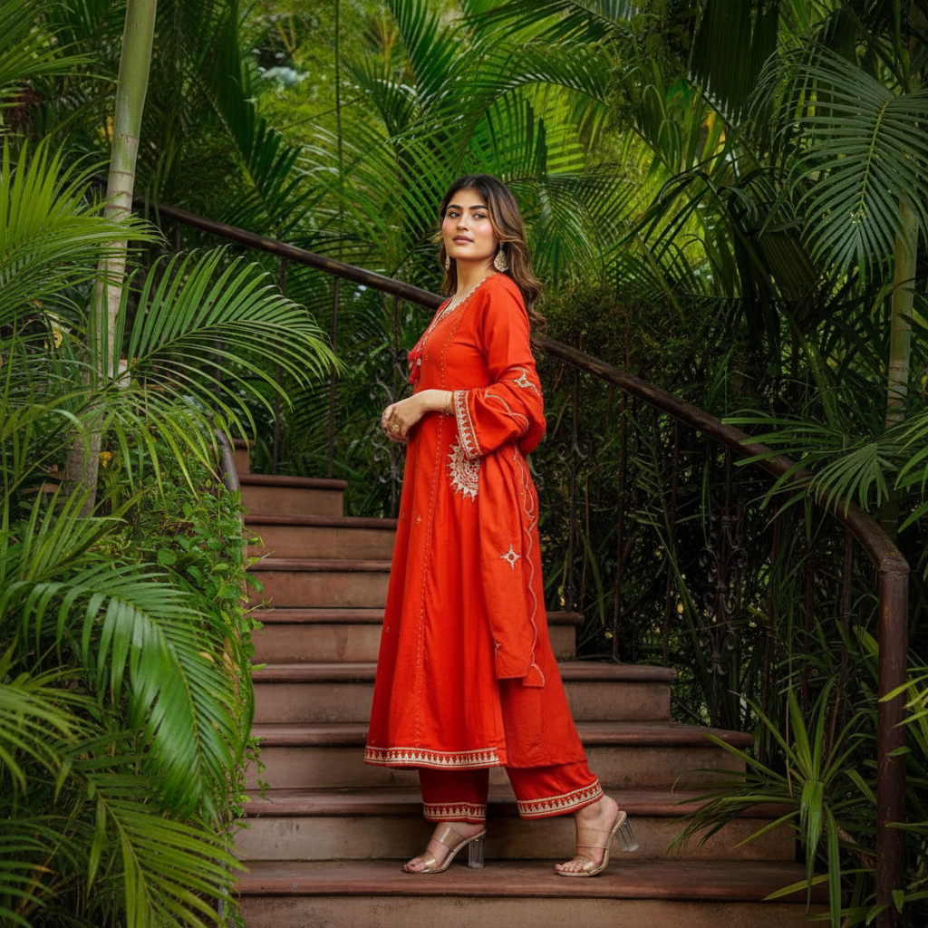 Solid Orange Cotton Kurta Set