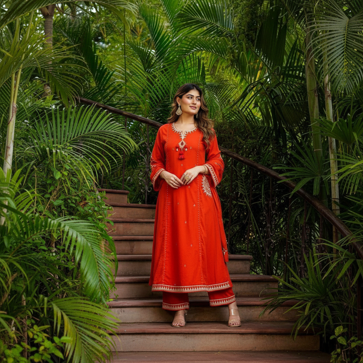 Solid Orange Cotton Kurta Set