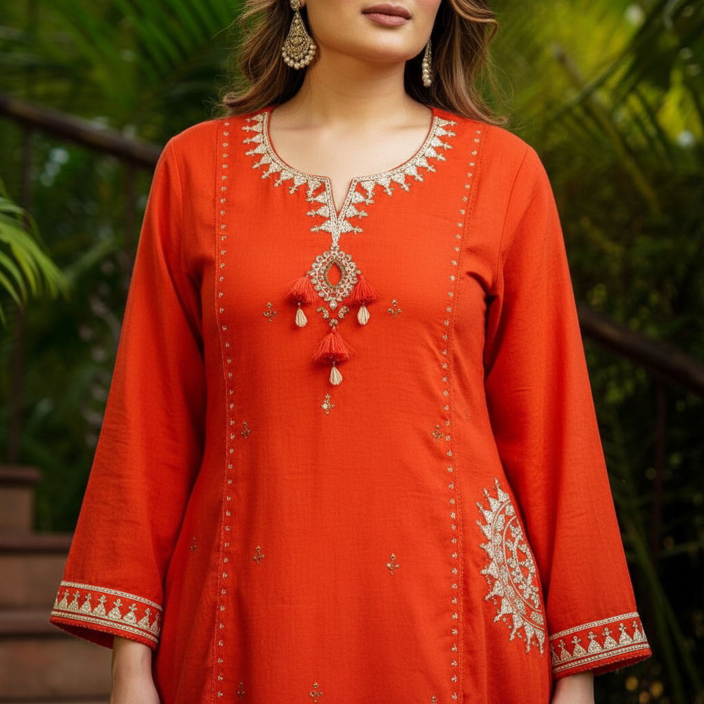 Solid Orange Cotton Kurta Set