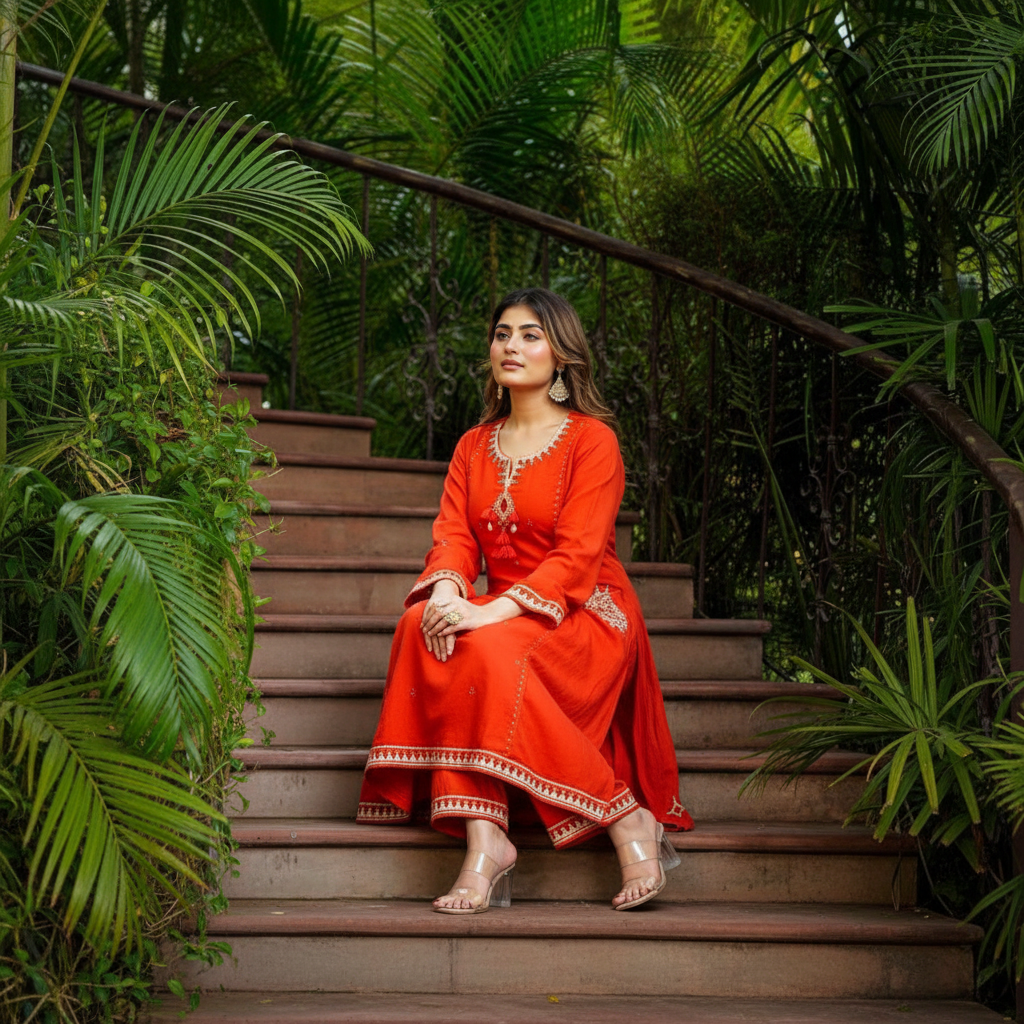 Solid Orange Cotton Kurta Set