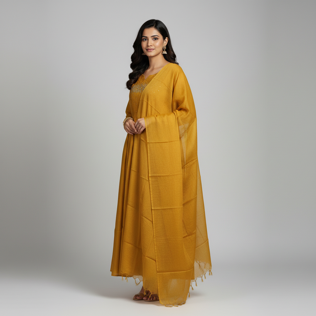 Phoolkari Mustard Kurta Set
