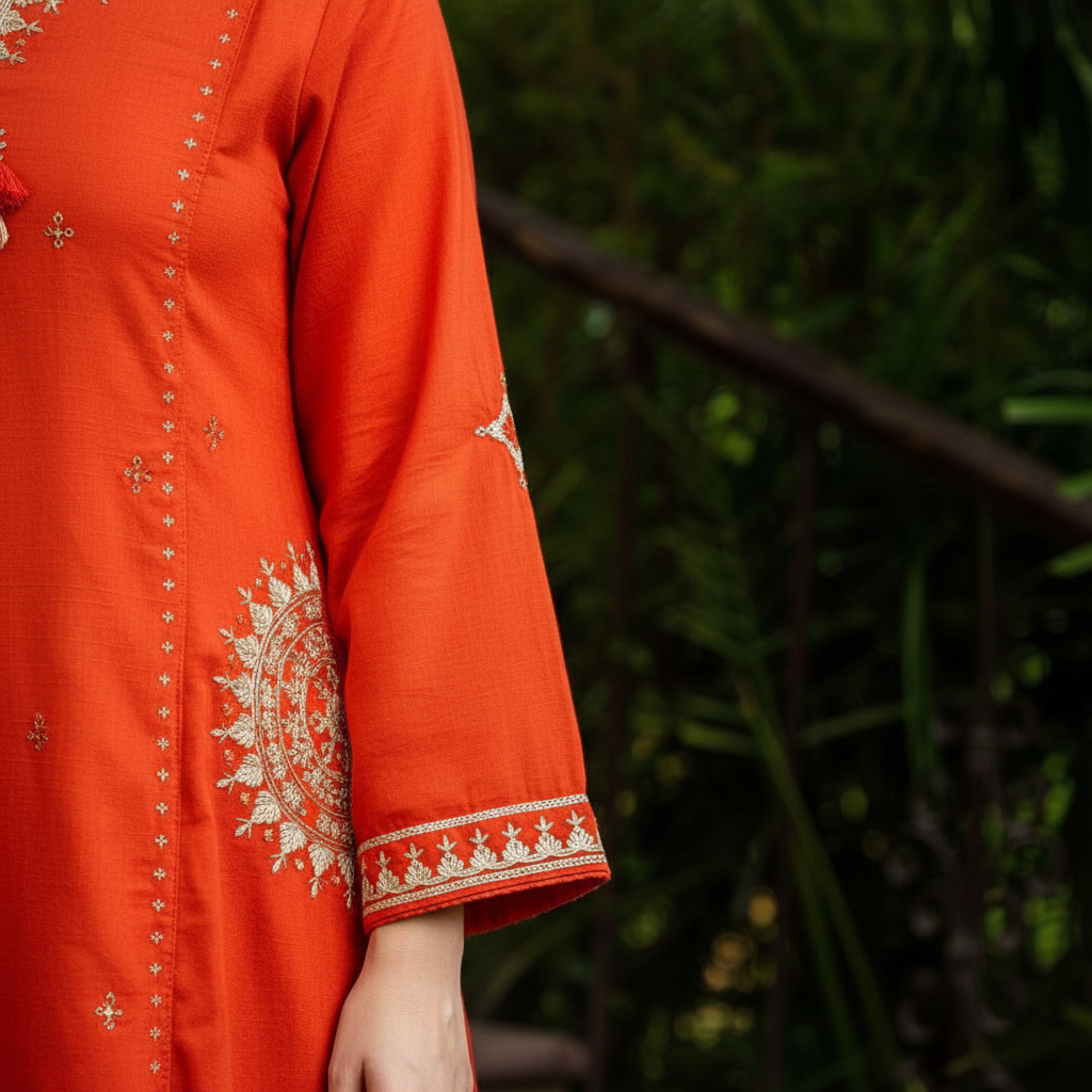 Solid Orange Cotton Kurta Set