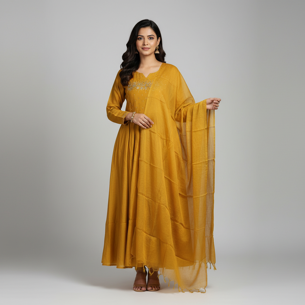 Phoolkari Mustard Kurta Set