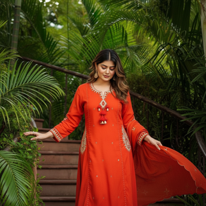 Solid Orange Cotton Kurta Set