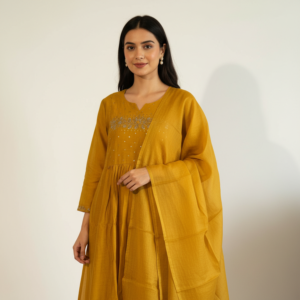 Phoolkari Mustard Kurta Set