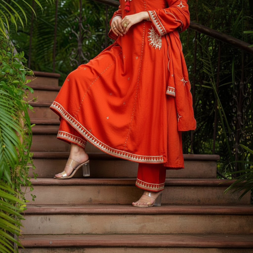 Solid Orange Cotton Kurta Set